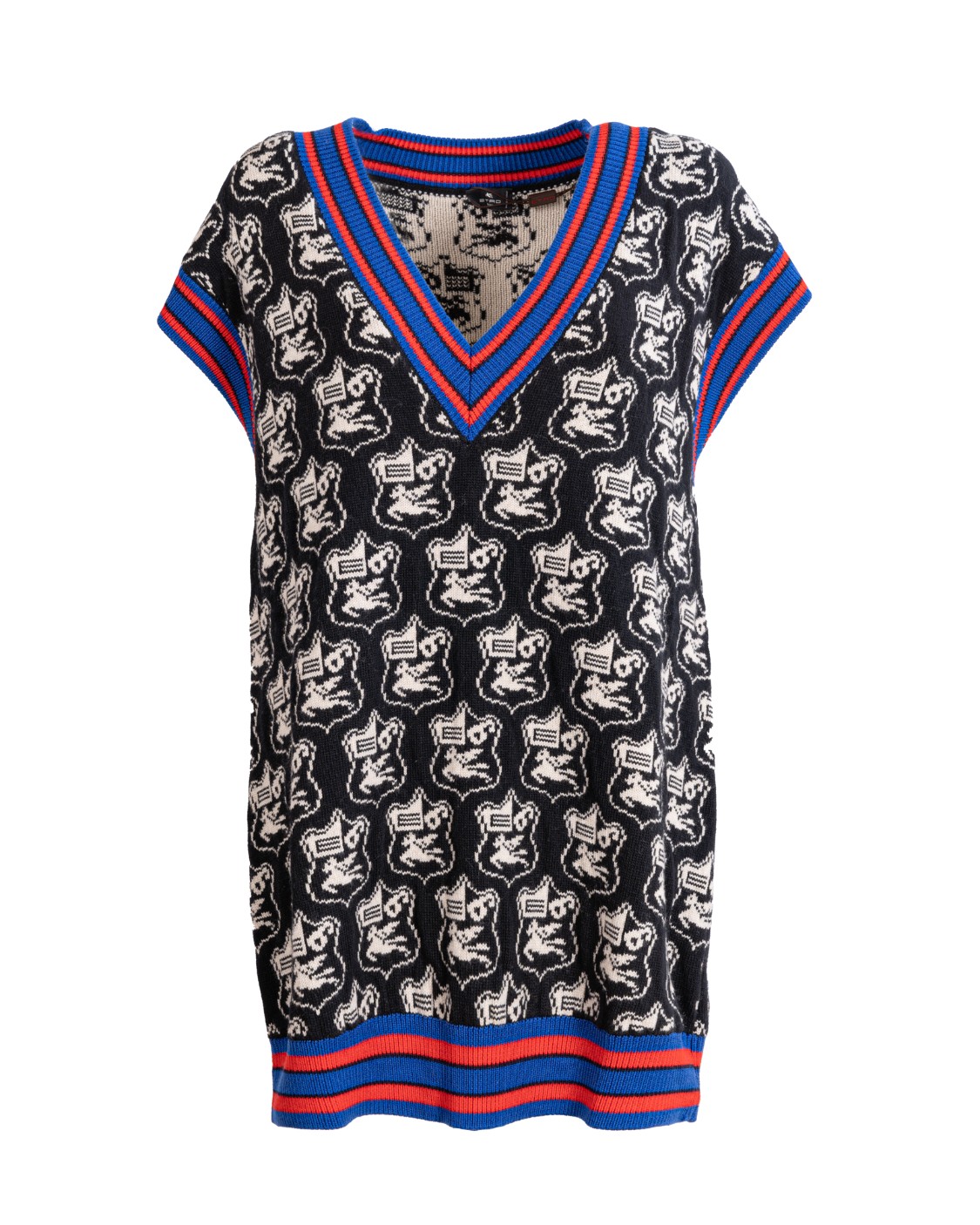 shop ETRO Saldi Gilet: Etro gilet in maglia di lana jacquard, decorato da disegni con stemma araldico con Pegaso, è caratterizzato da bordi a righe a contrasto.
Vestibilità regular.
Scollo a V.
Bordi a coste.
Maniche lunghe.
Composizione: 100% lana.
Made in Italy.. 13737 9165-0001 number 9079489